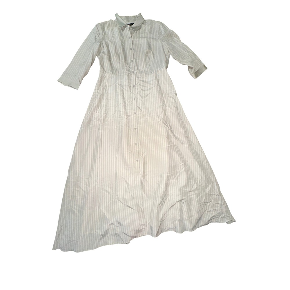 Lafayette 148 New York Grey White Striped Maxi Shirt Dress 100% Silk Size 10